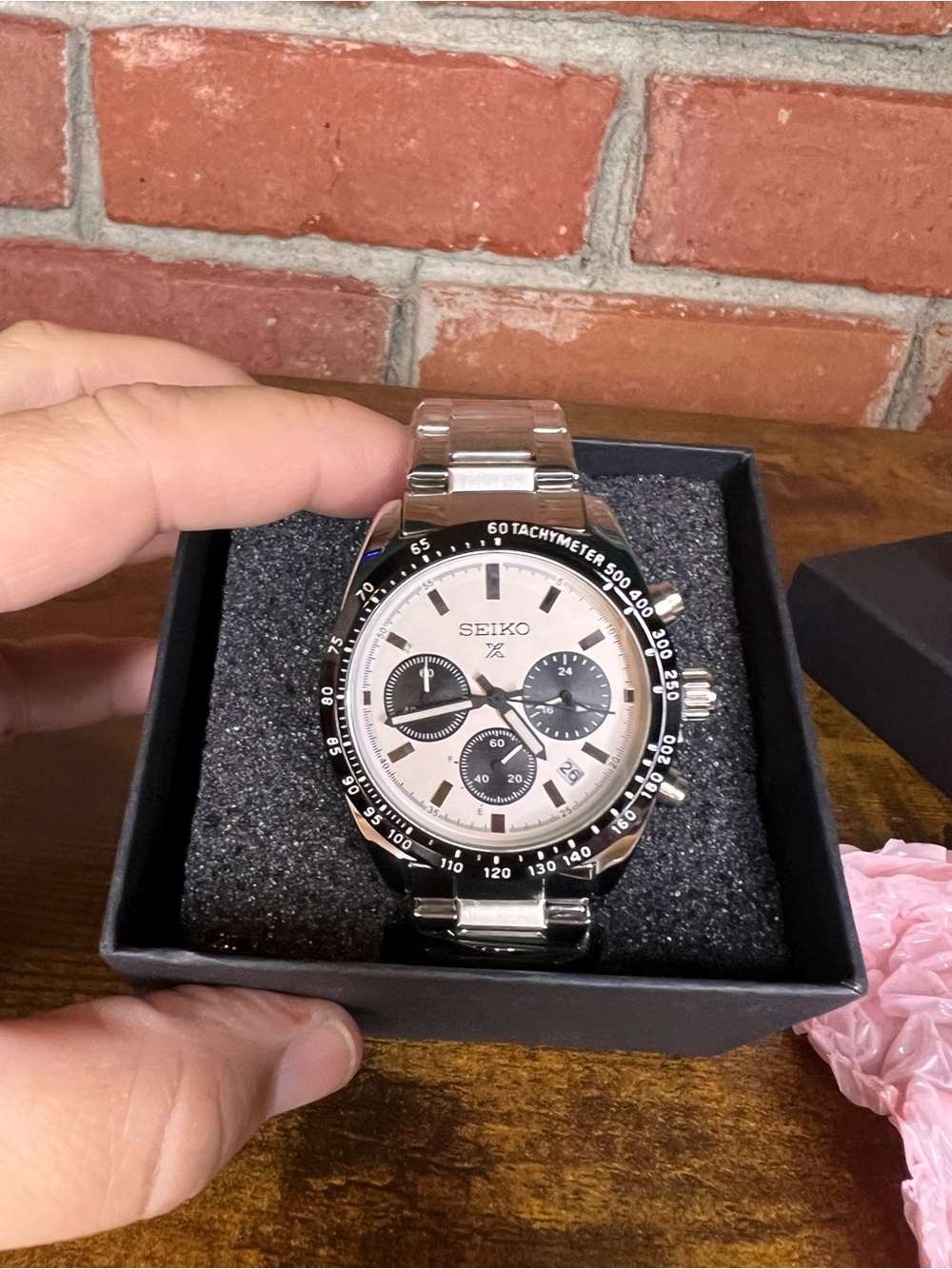 Seiko Men's Silver Case with Black Bezel Chronograph Watch